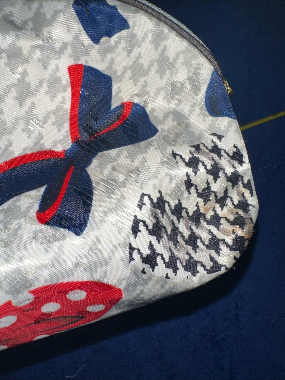 Christian Dior Vintage Houndstooth Bows Red Blue Cosmetic Pouch USA 90s Makeup - Picture 10 of 12